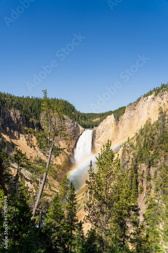 The Lower Falls waterfall on the Yellowstone River crashes down in the Grand Canyon of the Yellowstone in Yellowstone National Park in Wyoming