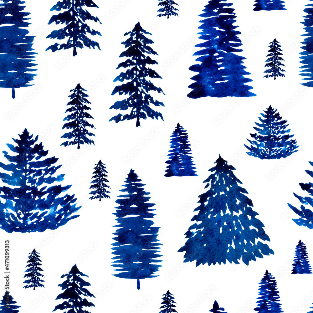 Fototapeta premium Seamless pattern with watercolor blue spruce trees on white background.