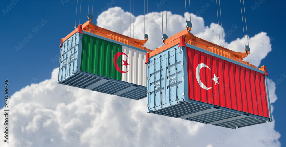 Freight containers with Algeria and Turkey national flags. 3D Rendering 
