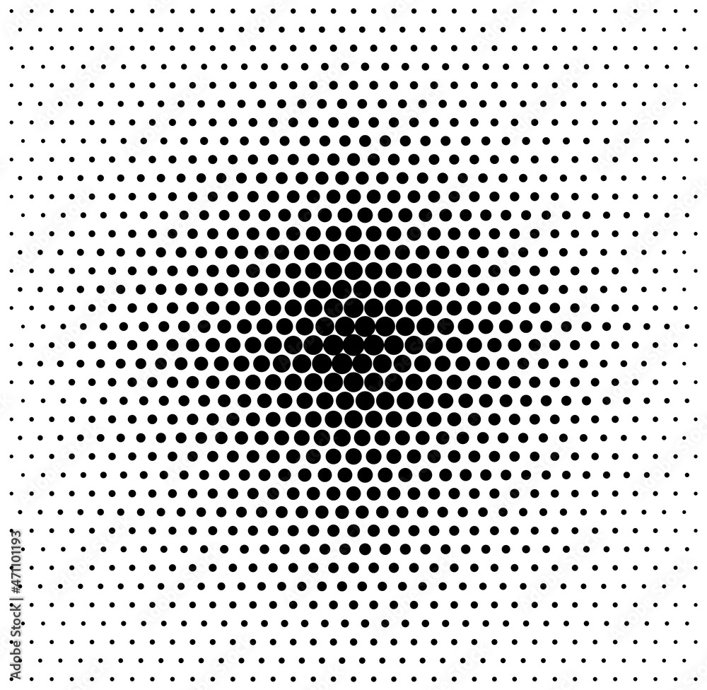 Halftone dots pattern. Comic pop art gradient. Half tone radial fade background. Black white duotone banner. Cartoon gradation texture. Monochrome print. Anime retro backdrop. Vector illustration