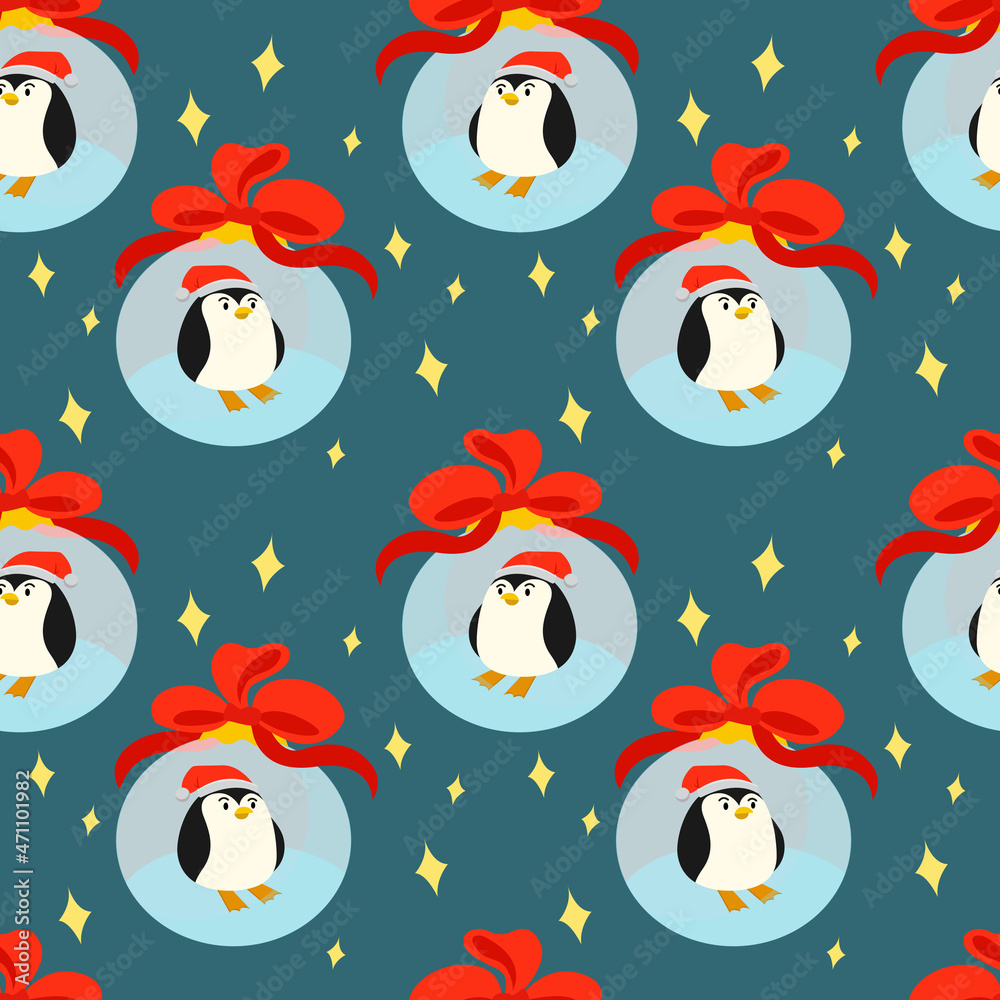 Seamless Christmas background with a little penguin in a glass Christmas ball