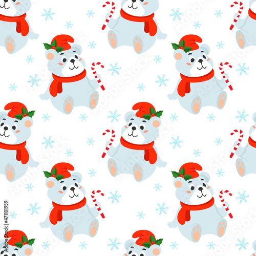 Seamless Christmas background with a polar bear in a red hat and a candy cane in its paw.