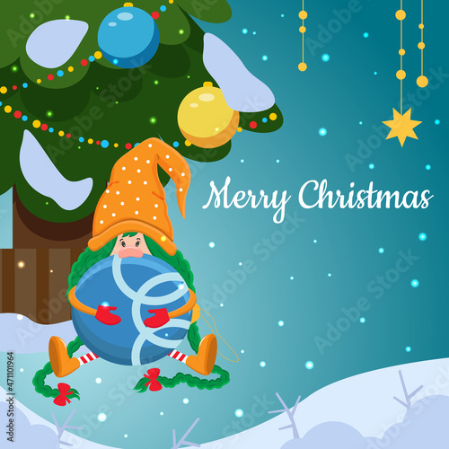 Vector Christmas card with a shy gnomella and a Christmas tree