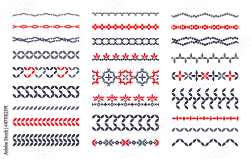 Large set of geometric line border patterns. Seamless vector illustration in the form of pixels. Ornament for embroidery and textile elements of interior design. Set of horizontal isolated borders.