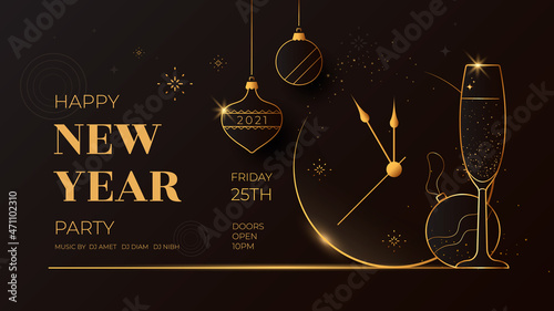 Happy New Year greeting card design with stylized golden clock, wineglass and decoration on dark background. Merry Christmas black and gold color illustration for poster, landing page.
