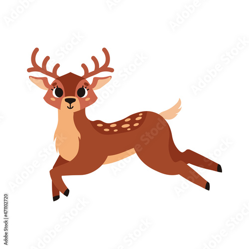 Deer is running. Cute brown spotted deer with horns. Forest wild animal. Vector cartoon illustration. Isolated on white background.