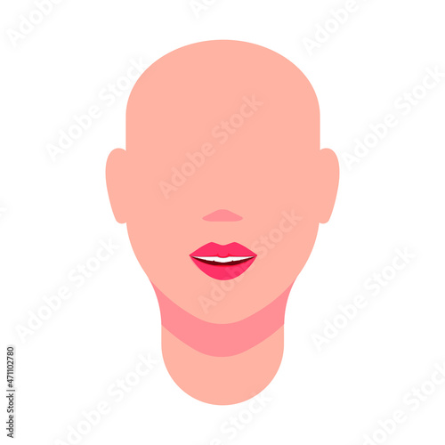 Mannequin, female head and neck. Plump red lips, mouth parted in a smile. No hair, no eyes. Vector illustration, flat minimal cartoon color design, isolated on white background, eps 10.