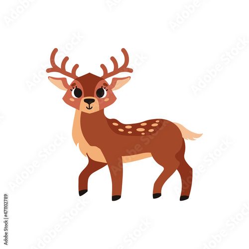 Fototapeta Naklejka Na Ścianę i Meble -  Cute brown spotted deer with horns. Forest wild animal. Vector cartoon illustration. Isolated on white background.