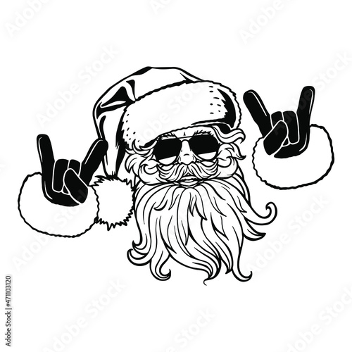 Santa Claus svg. Black and white hand drawn vector illustration isolated. Cool santa claus in sunglasses. Santa shows his fingers cool