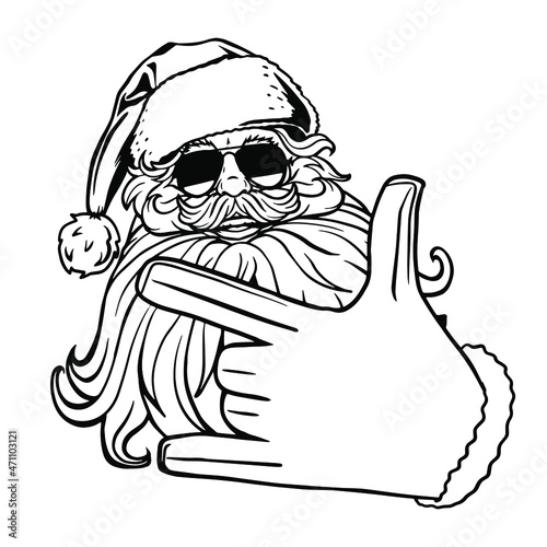 Santa Claus svg. Black and white hand drawn vector illustration isolated. Cool santa claus in sunglasses. Santa shows his fingers cool