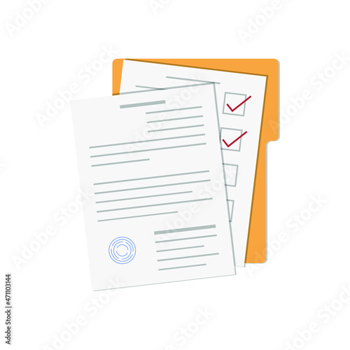 Documents and yellow folder. Vector illustration, flat minimal color cartoon design, isolated on white background, eps 10.