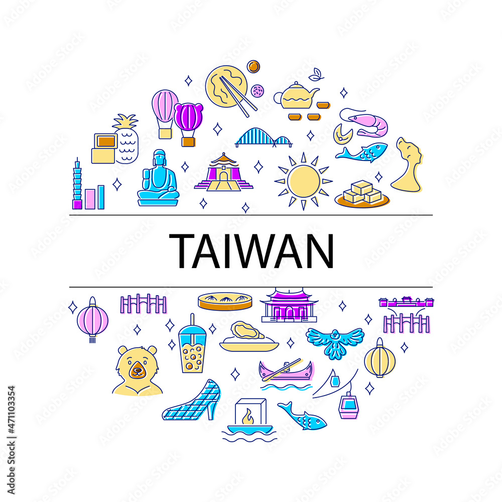 Taiwan circle layout with color flat icons and text headline. Taiwanese items. Isolated vector stock illustration Taiwan circle layout with color flat icons and text headline. Taiwanese items. Isolated vector stock illustration