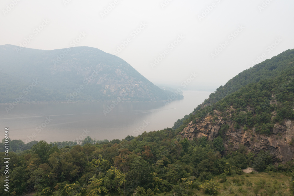 Mountainous Landscape along the Hudson River in Cold Spring New York on a Foggy Day