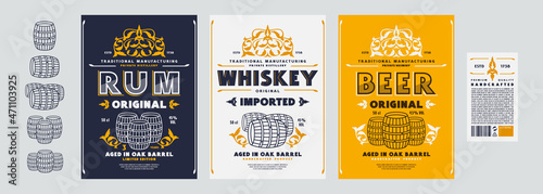 Set of template decorative label for rum, whiskey and beer