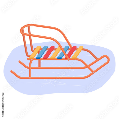 Bright children s metal sled on ice. Sledge for downhill skiing. Children s equipment for outdoor activities. Vector illustration isolated on a white background