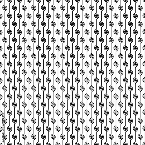 Black swirls on white color background. Seamless pattern for fashion graphics such as T-shirt prints, leggings, pajamas, fabrics or for home decor such as wallpapers, tablecloths and bedclothes.