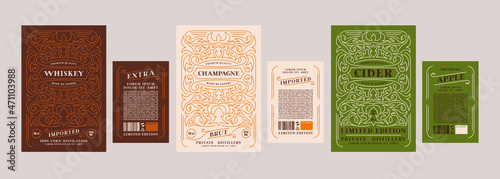 Template set of decorative label for whiskey, champagne, cider