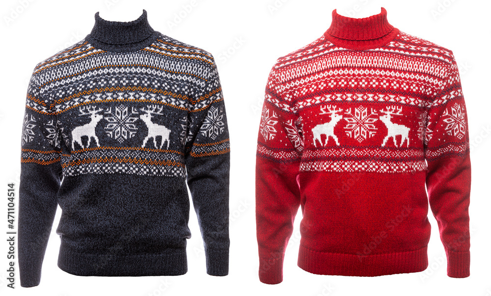 Blue and red knitted Christmas turtleneck sweater of traditional design  with moose or elk ornament (aka Ugly Sweater) templates isolated on a white  background Stock Photo | Adobe Stock