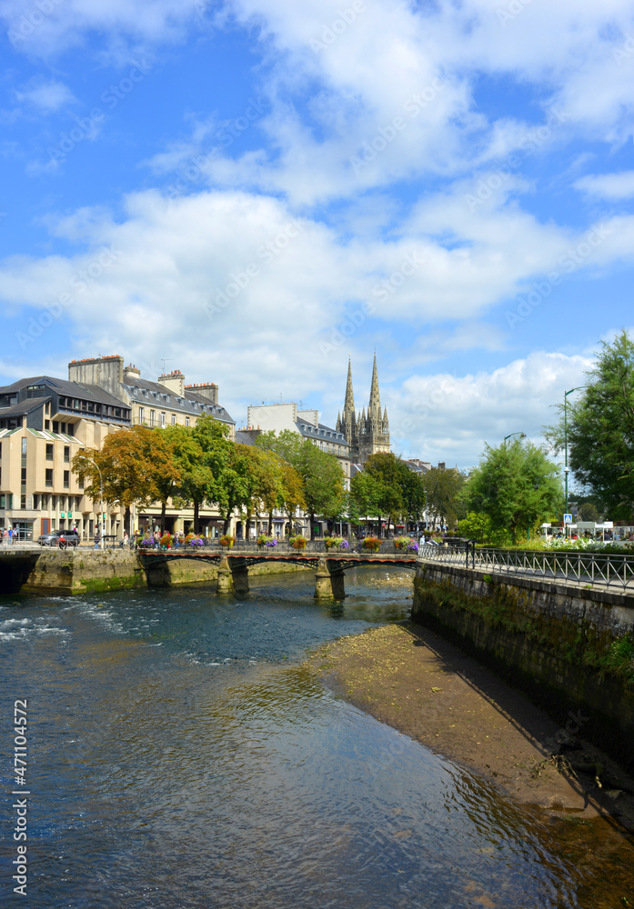Quimper, France, view to the old town, river Odet and cathedral