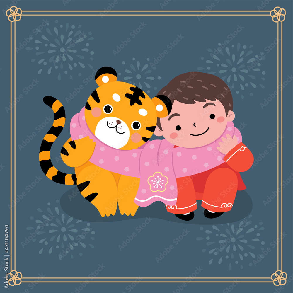 The tiger and the boy wear scarves together. The tiger and the boy wear scarves together.