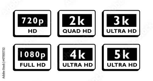 Set different video resolution label design. 2k quad hd, 3k 4k 5k ultra hd, 1080 full hd and 720 hd dimensions of video. Vector illustration