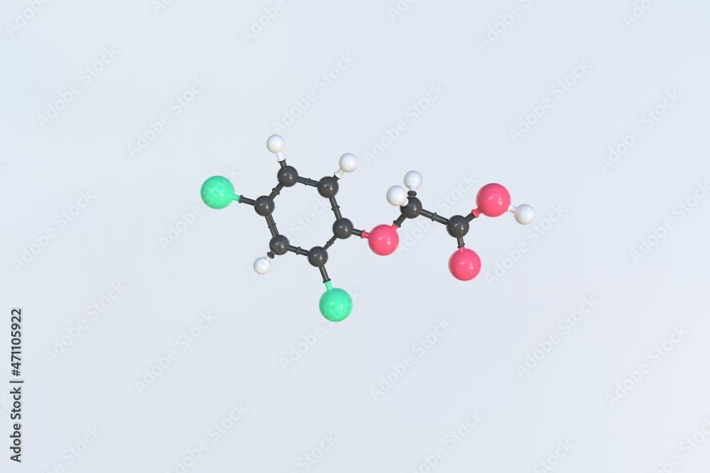 2,4-dichlorophenoxyacetic acid molecule, isolated molecular model. 3D rendering