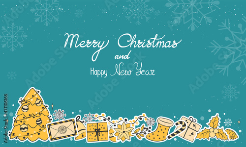 Christmas and New Year card design in doodle style. Stickers for decorating, elements of holidays design. Handwritten Lettering Merry Christmas and Happy New Year. Greeting card poster