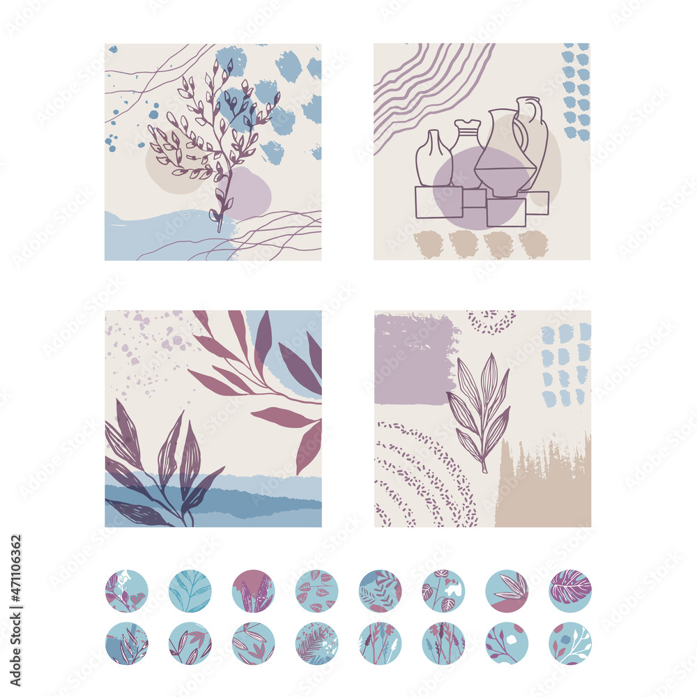 Abstract decor with plants. A set of spotted flowers in the boho style. Creative templates for social networks