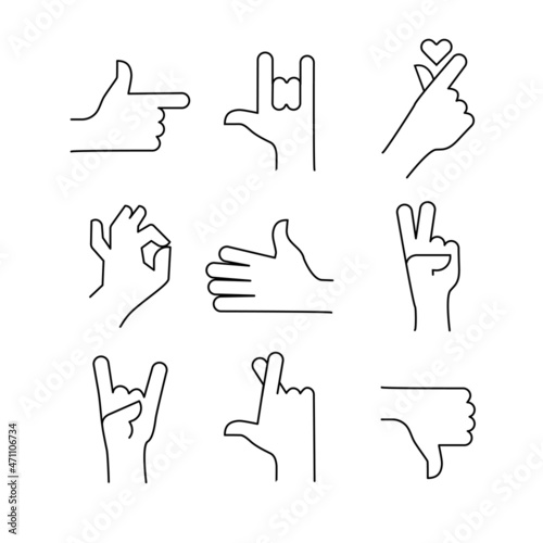 Set of hands showing different gestures. Palm pointing at something. Isolated vector illustration