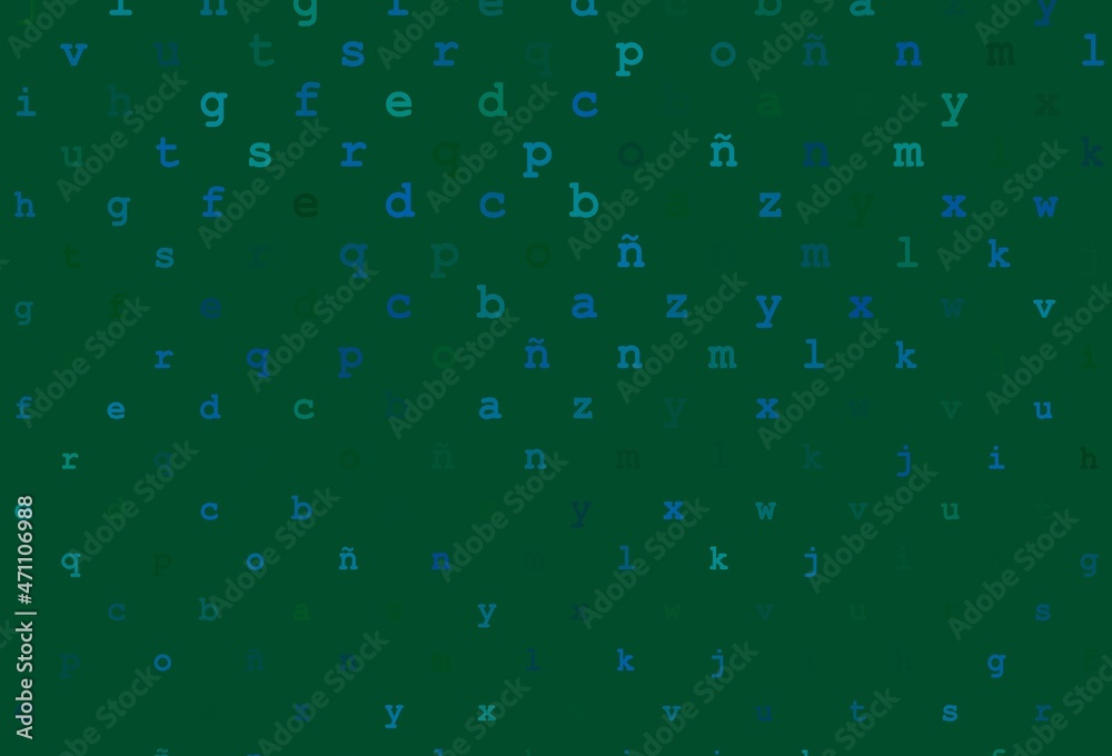 Light blue, green vector layout with latin alphabet.