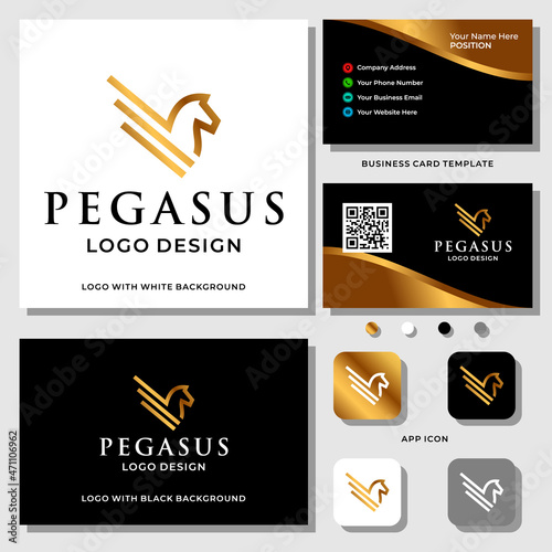 Luxury horse pegasus logo design with business card template.