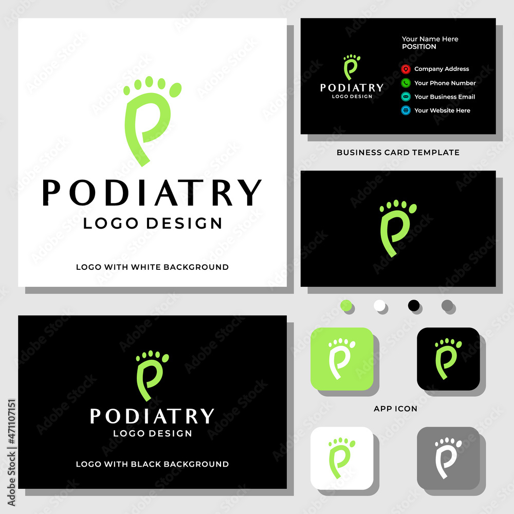 Letter P monogram podiatry logo design with business card template.