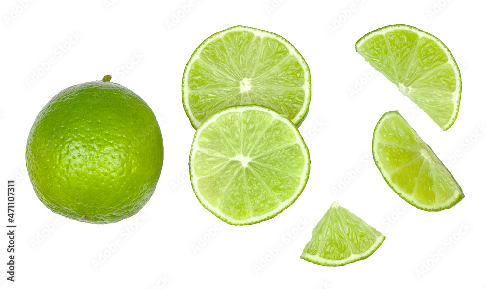 Lime and slices isolated on a white background, top view