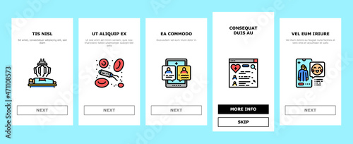 Telehealth Medicine Treatment Onboarding Mobile App Page Screen Vector. Telehealth Remote Video Consultation And Examining, Patient Consent And Robotic Surgery, Drug Delivery Illustrations