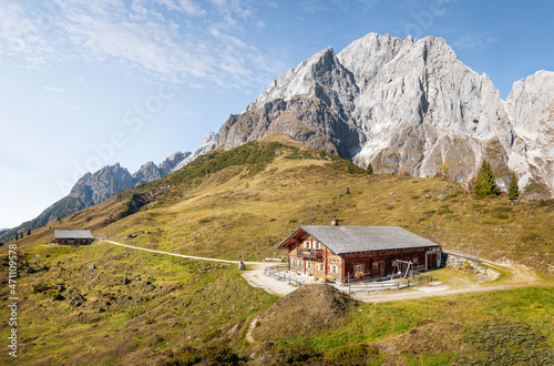 Wooden mountain hut in the alps in summer, Austria