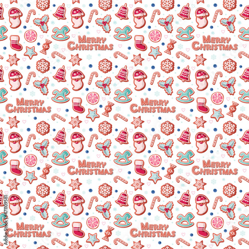 Christmas seamless pattern. Gingerbread cookies and snowflakes isolated on white. Cute cartoons. Raster