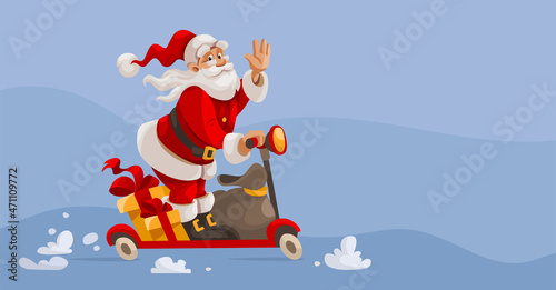 Santa Claus cartoon character rides scooter with gifts sack and waves by hand showing greetings and congratulations for Happy New Year and Xmas holiday. Vector christmas. Illustration.