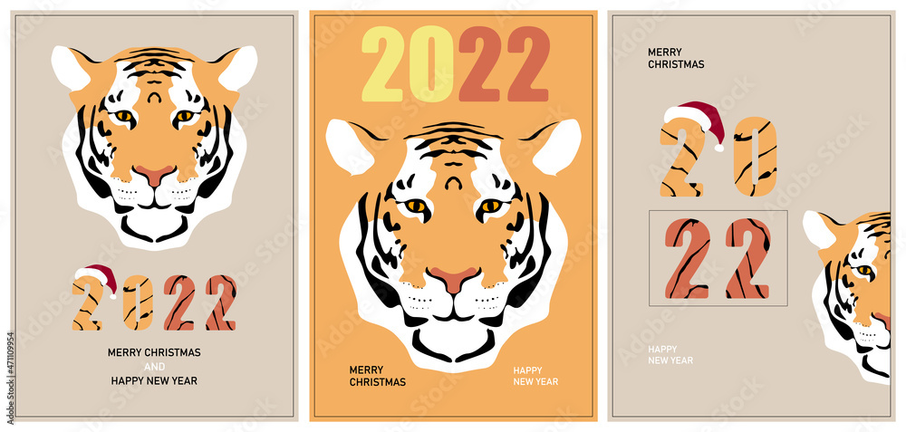 Merry christmas and a happy new year. Set of greeting cards, posters, covers. Tiger symbol of 2022.