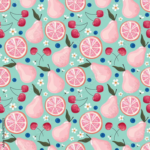 Fruits seamless pattern. Pears, cherry, grapefruit, and blossom. Romantic bright background for textile, fabric, decorative paper. Raster
