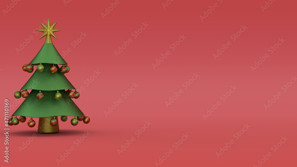3d rendering of a green Christmas tree with decorations, on a red background. Illustration for Christmas and New Year compositions. 3d rendering of a green Christmas tree with decorations, on a red background. Illustration for Christmas and New Year compositions.