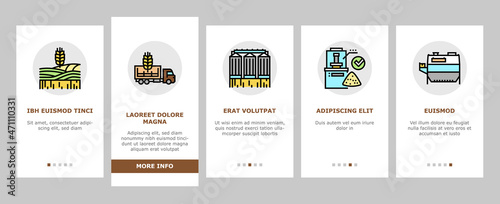 Flour Factory Industry Production Onboarding Mobile App Page Screen Vector. Wheat And Oat, Barley And Rice Flour For Baking Pastry Dessert Line. Agronomy Field With Growing Machine Illustrations