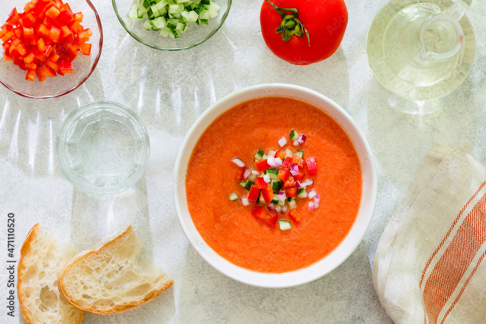 Traditional spanish cold tomato soup of fresh raw vegetables Traditional spanish cold tomato soup of fresh raw vegetables