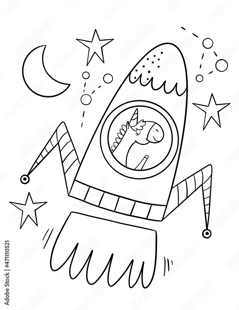 Unicorn in the space cartoon illustration for coloring book. Cute