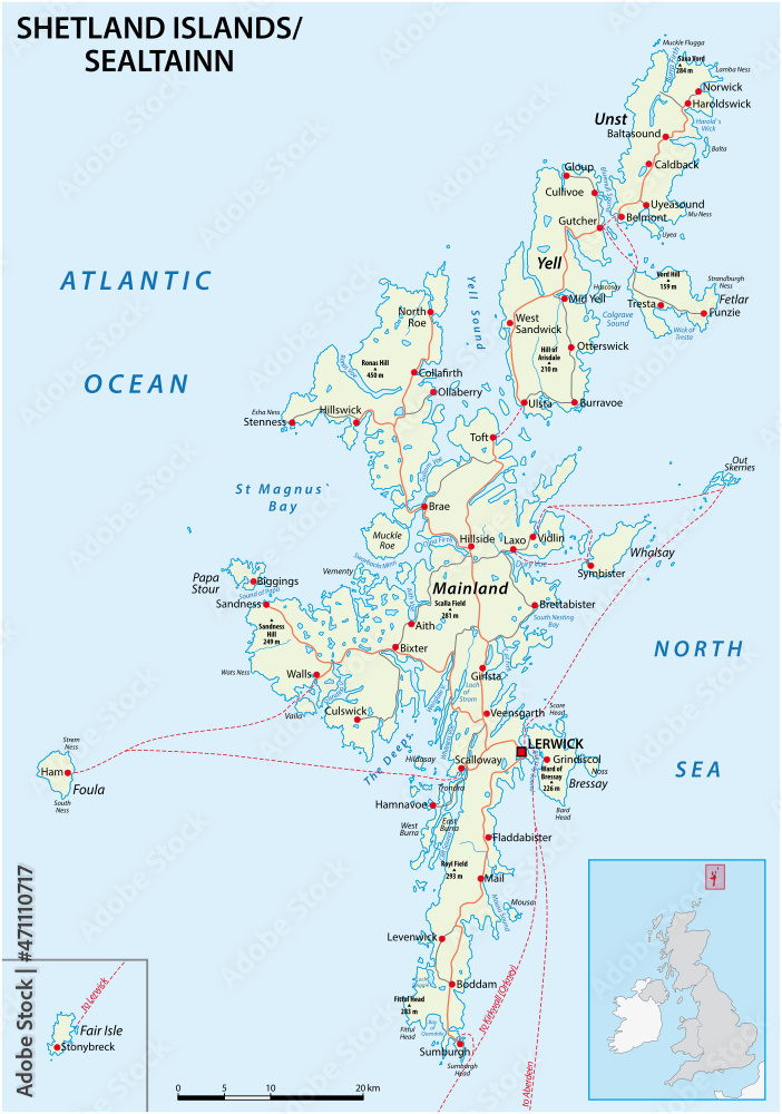 Highly detailed Shetland Islands road map with labeling, United Kingdom ...