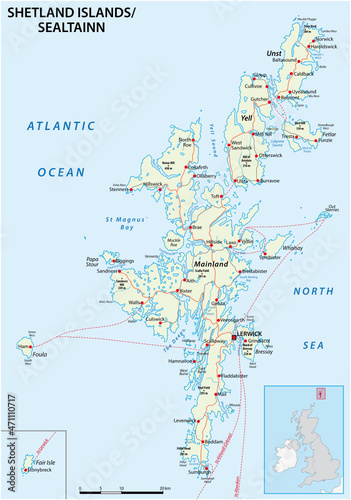 Highly detailed Shetland Islands road map with labeling, United Kingdom 