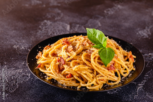 Homemade сarbonara pasta with pancetta, egg, hard parmesan cheese and cream sauce