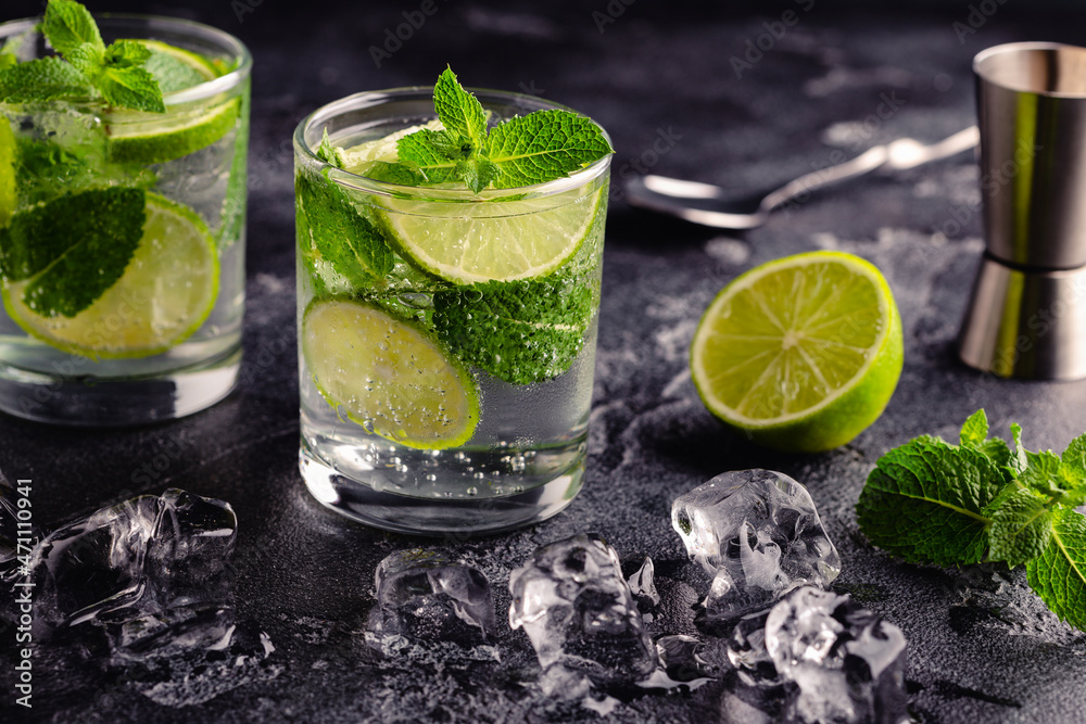 Refreshing summer alcoholic cocktail mojito with ice, fresh mint and lime