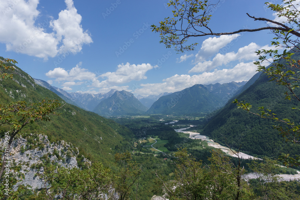 mountain landscape with Valley of river Soca on a sunny summer day in Julian Alps, Slovenia