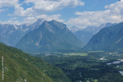 mountain landscape with Valley of river Soca on a sunny summer day in Julian Alps  Slovenia