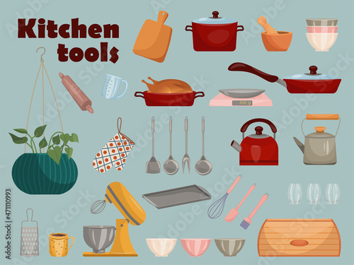 Set of vector kitchen equipments. Kitchen tools objects. Kitchen utensil design elements set.  Vector illustration in cartoon style